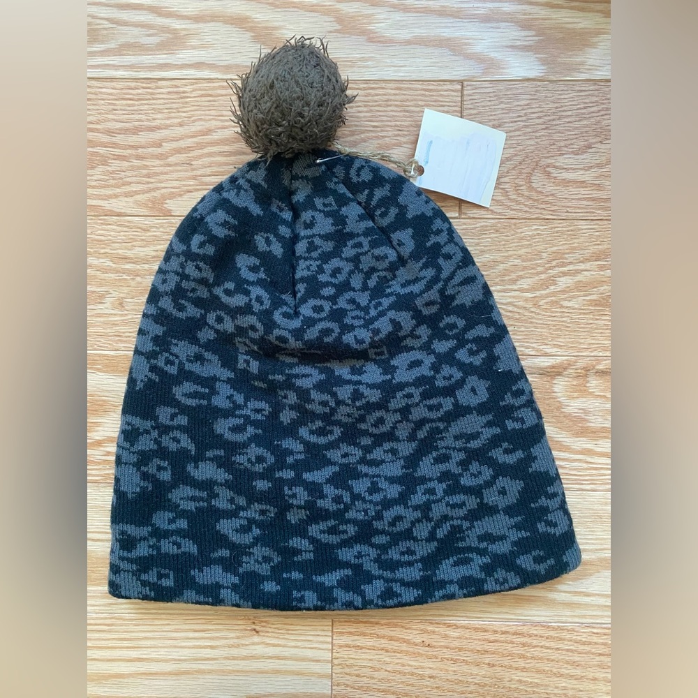 Free People Black Leopard Pom Pom Beanie